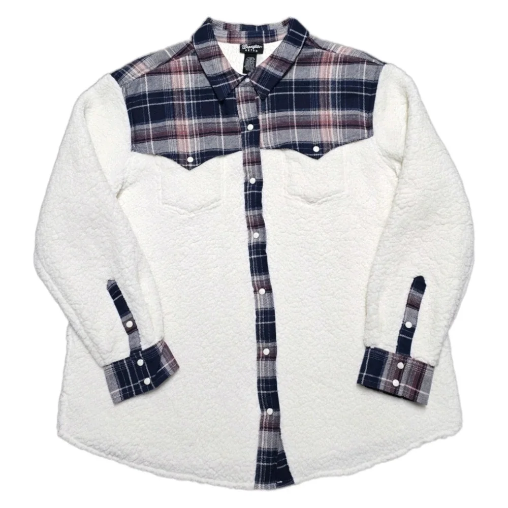 Wrangler Retro Western Plaid Sherpa‎ Shacket Jacket Womens XL White Pearl Snap